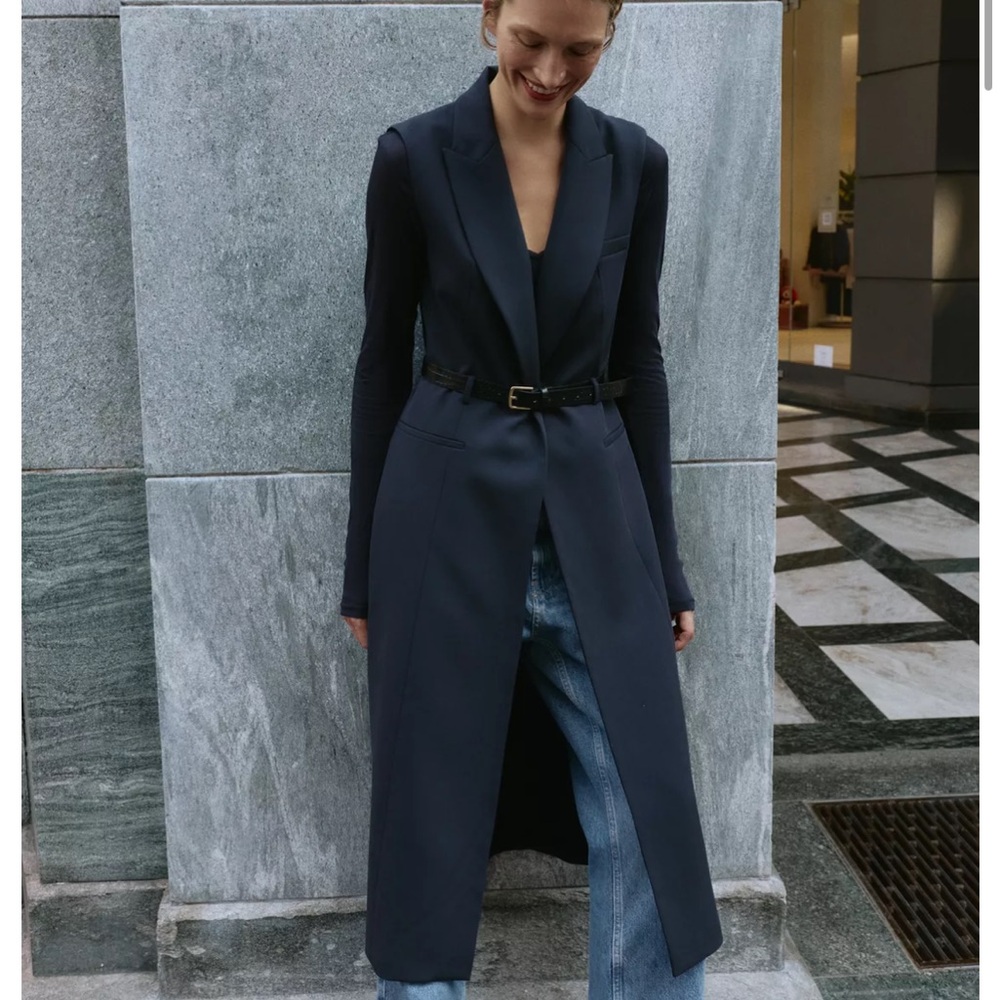 Zara Long Navy Sleeveless Blazer Coat